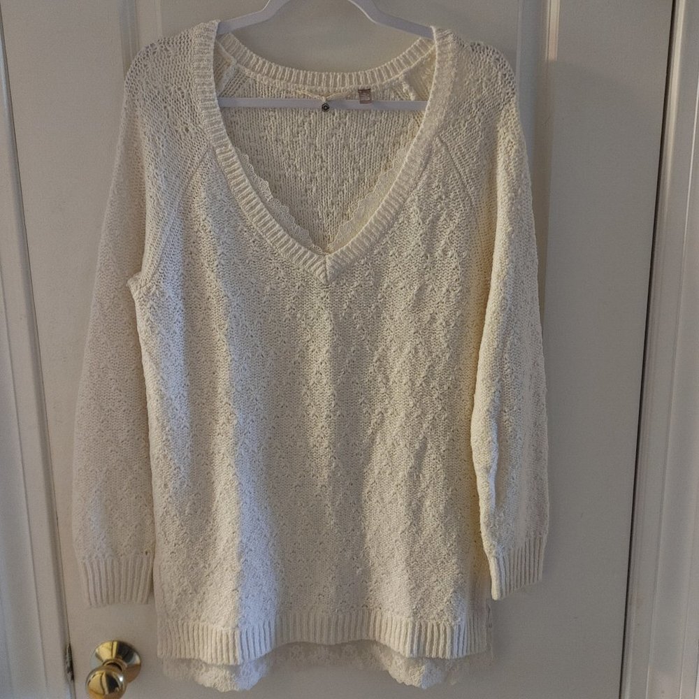 Anthropologie-Knitted & Knotted-Betten-Ivory- Lace Trim-Long Line Sweater
